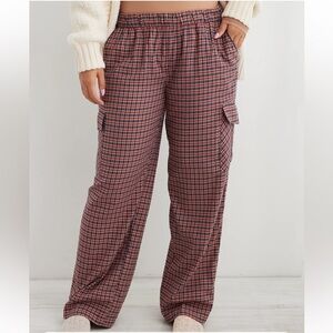 NEW Aerie XXL Flannel Cargo Skater Pajama Pants Red Blue Tan Plaid Pockets Soft